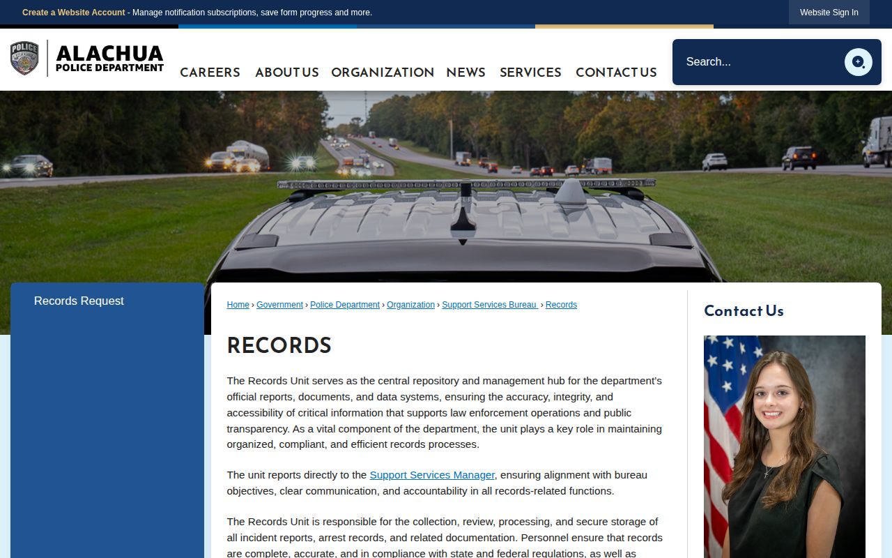 Alachua Police Department arrest records request page for Alachua County bookings