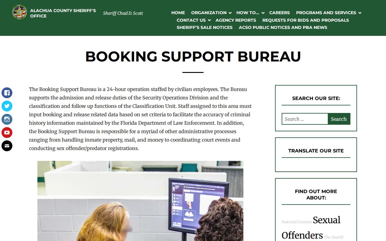 Alachua County booking support and jail intake record process