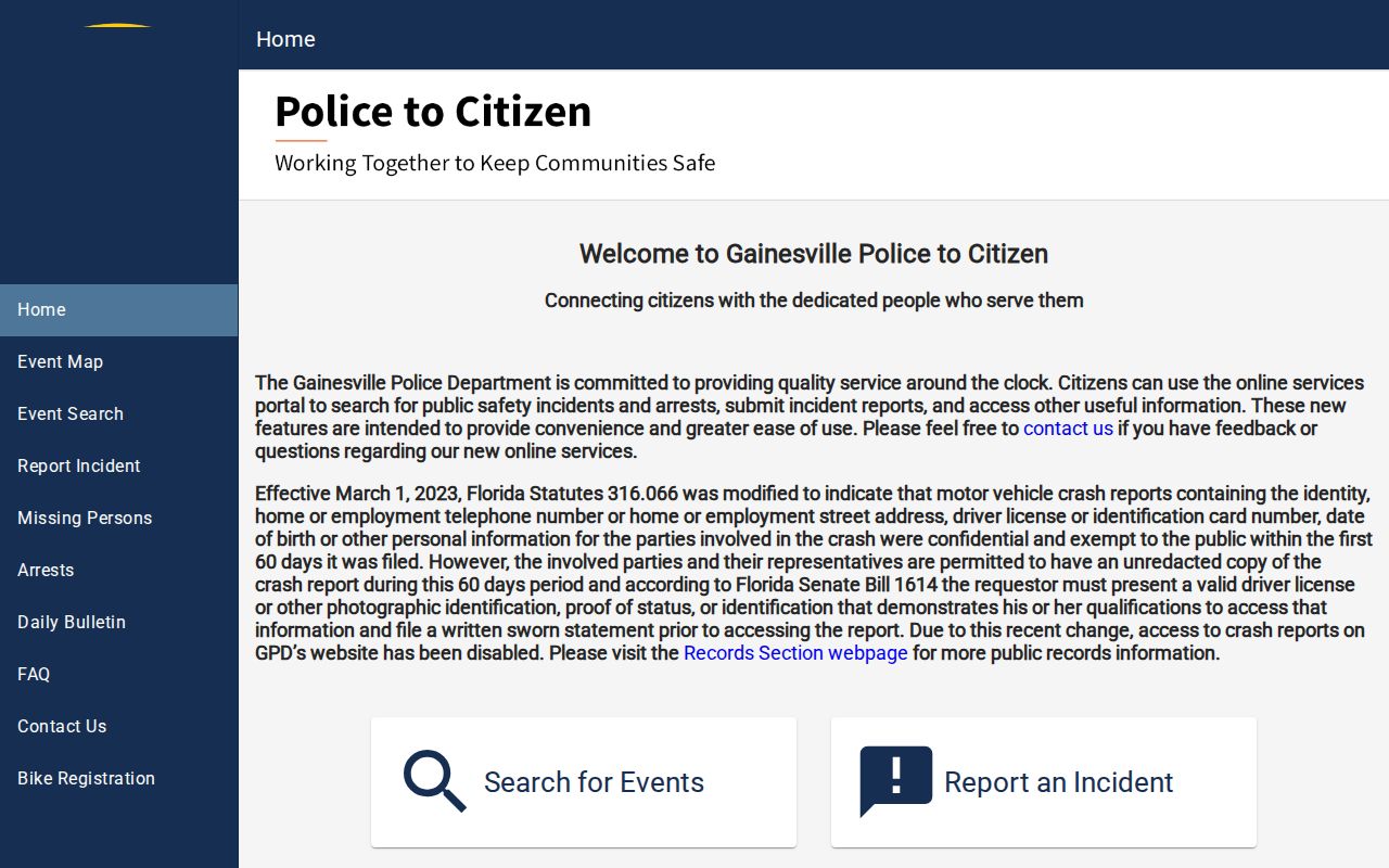 Gainesville Police Department P2C arrest record search interface in Alachua County